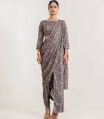  Grey printed swiss satin saree set