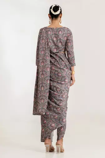 grey satin saree with floral printed work