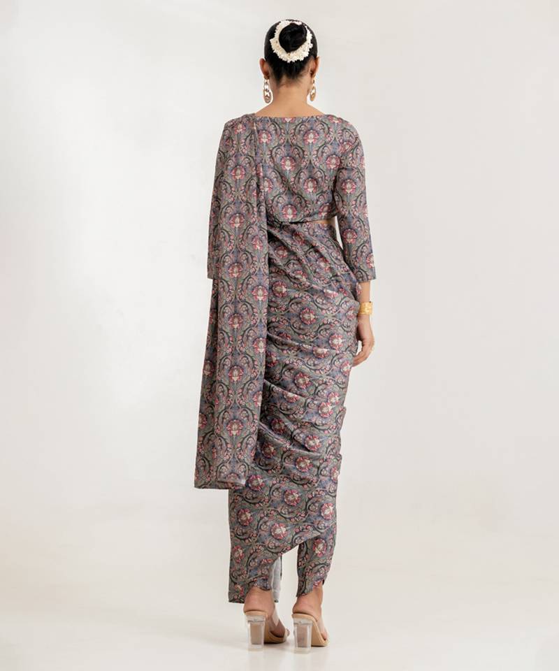  Grey printed swiss satin saree set