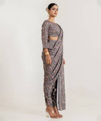 grey satin saree with floral printed work 3