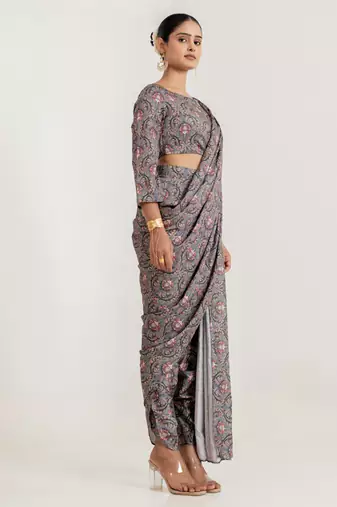 grey satin saree with floral printed work