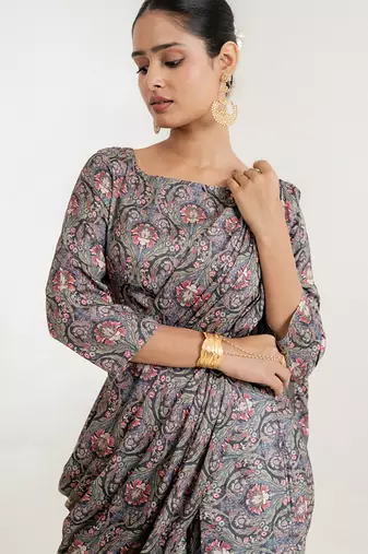 grey satin saree with floral printed work