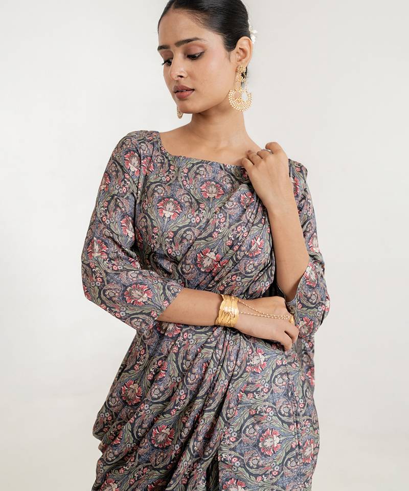  Grey printed swiss satin saree set