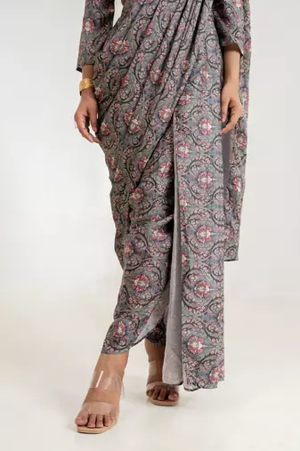 grey satin saree with floral printed work