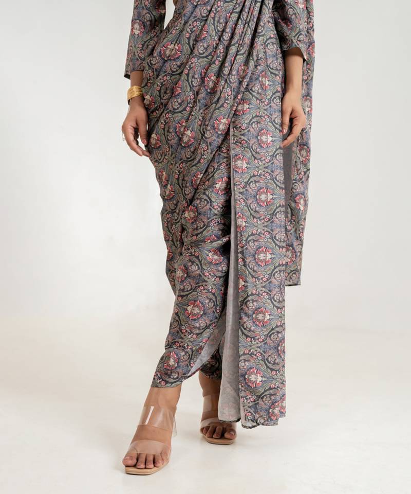  Grey printed swiss satin saree set