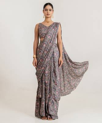 steel grey swiss satin saree with printed design 1