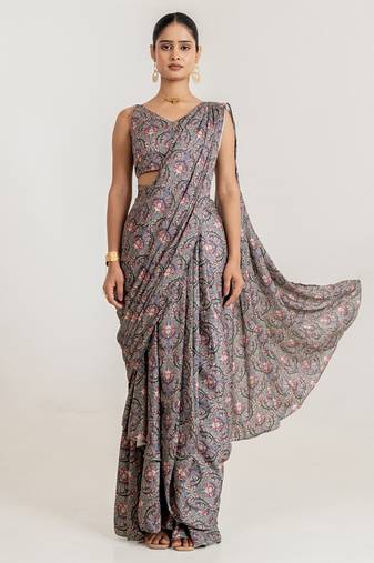Grey printed swiss satin saree set