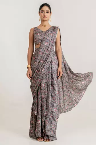 Grey printed swiss satin saree set