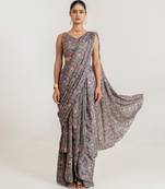 Grey printed swiss satin saree set