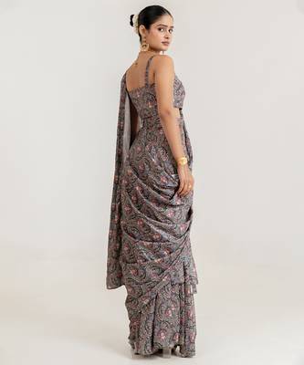 steel grey swiss satin saree with printed design 2