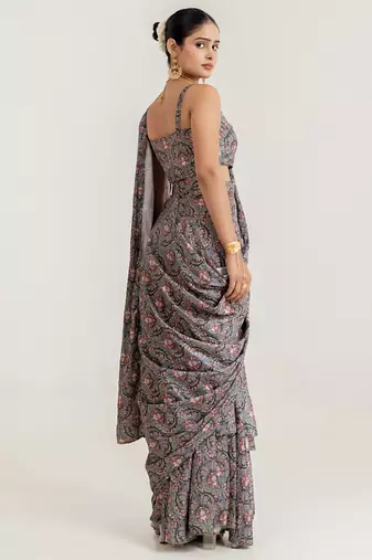 steel grey swiss satin saree with printed design