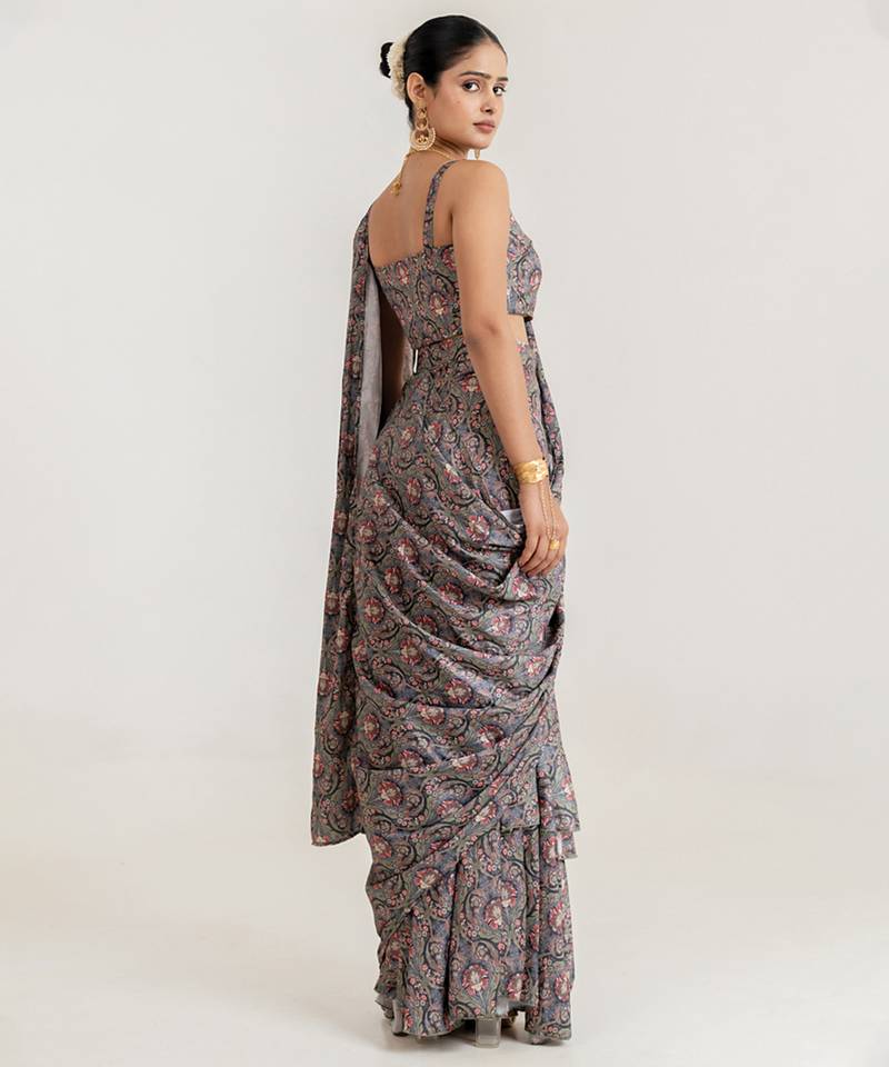 Grey printed swiss satin saree set