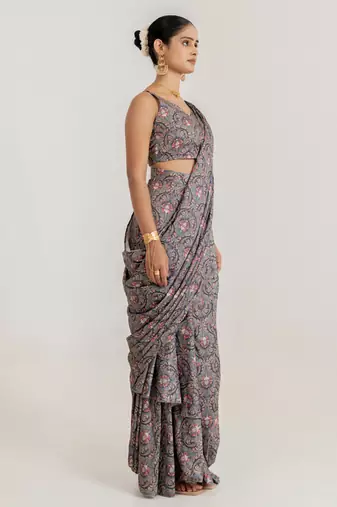 steel grey swiss satin saree with printed design