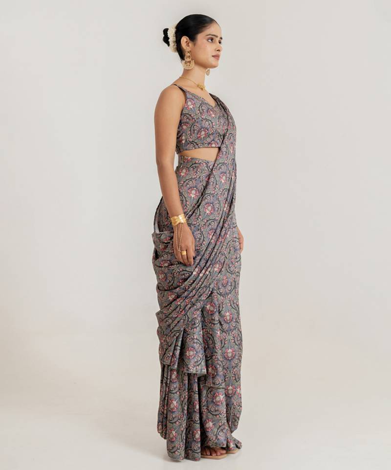 Grey printed swiss satin saree set