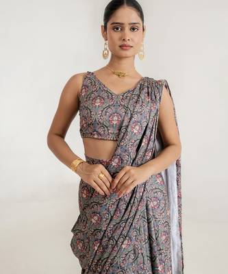 steel grey swiss satin saree with printed design 4