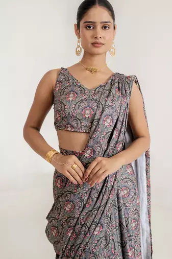 steel grey swiss satin saree with printed design