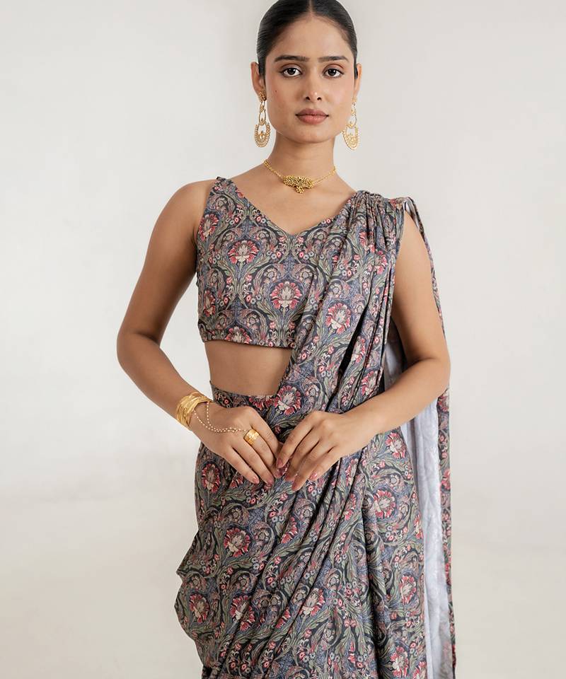 Grey printed swiss satin saree set