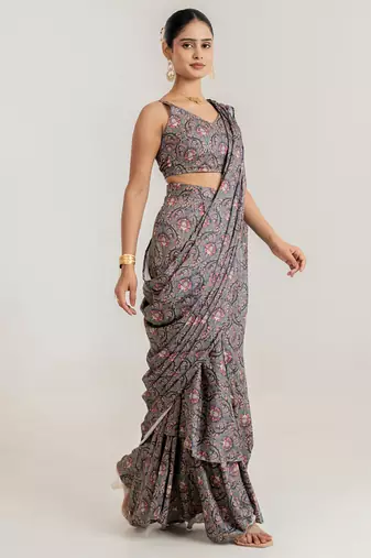 steel grey swiss satin saree with printed design
