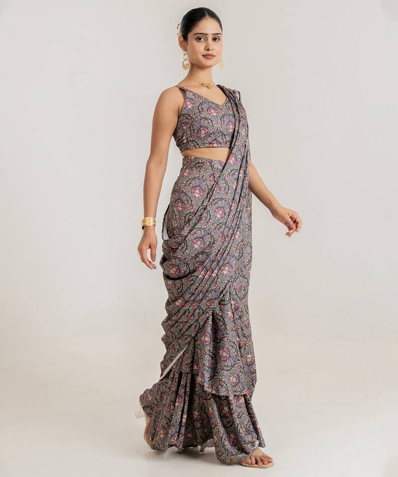 Grey printed swiss satin saree set
