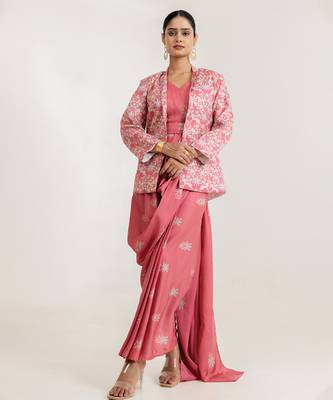 pink swiss satin saree set with printed jacket layer 1