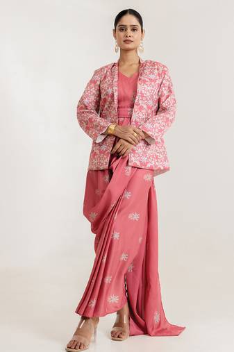 Dusty rose swiss satin saree with jacket