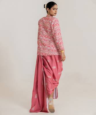 pink swiss satin saree set with printed jacket layer 2