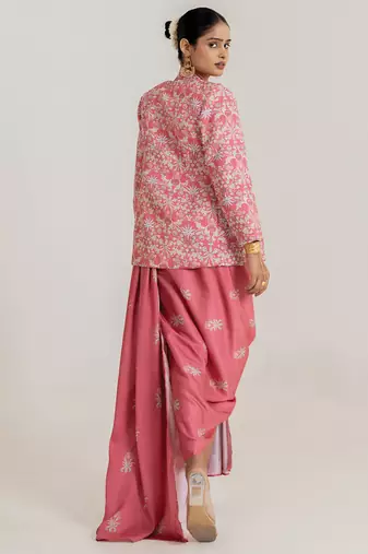 pink swiss satin saree set with printed jacket layer
