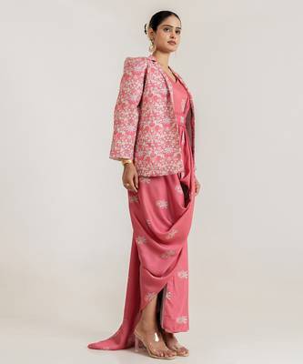 pink swiss satin saree set with printed jacket layer 3