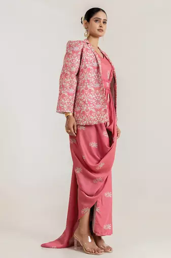 pink swiss satin saree set with printed jacket layer