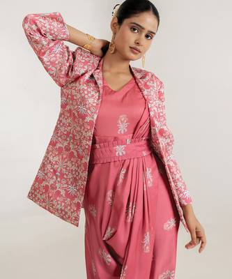 pink swiss satin saree set with printed jacket layer 4