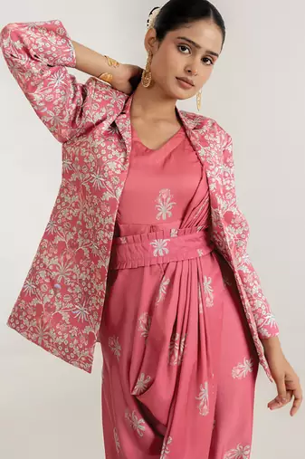 pink swiss satin saree set with printed jacket layer