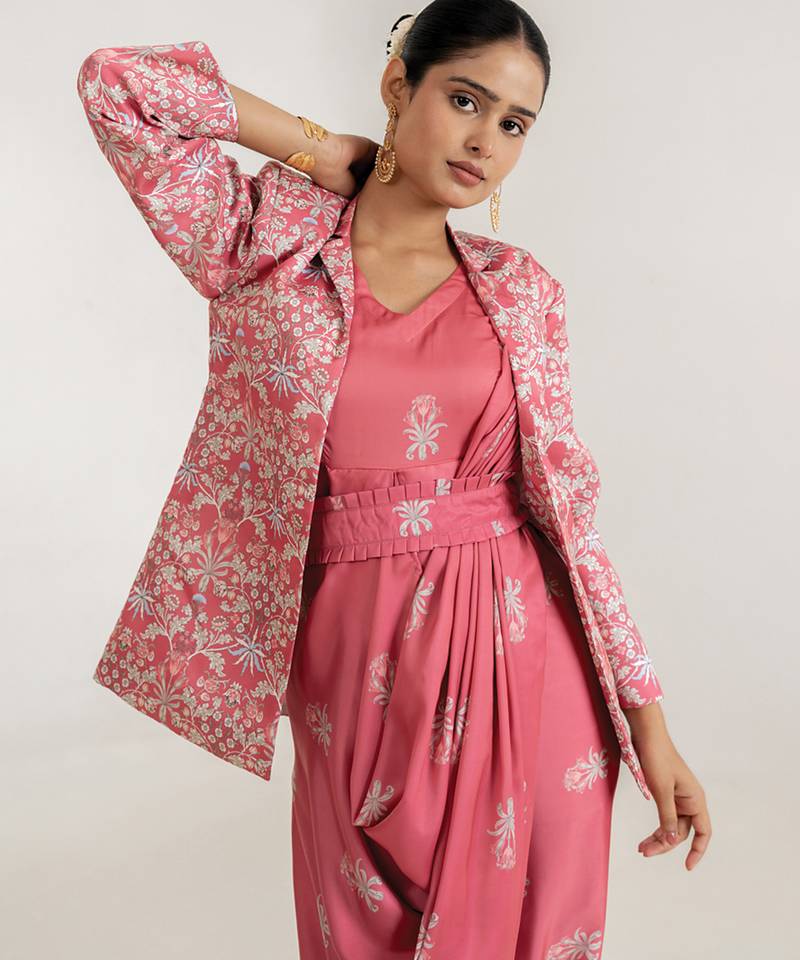 Dusty rose swiss satin saree with jacket