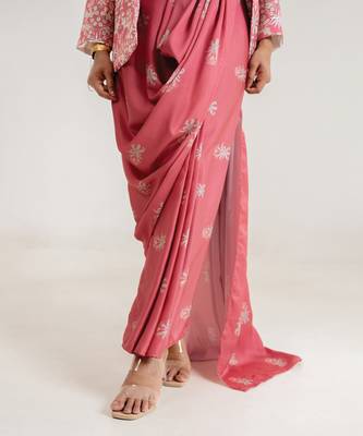 pink swiss satin saree set with printed jacket layer 5