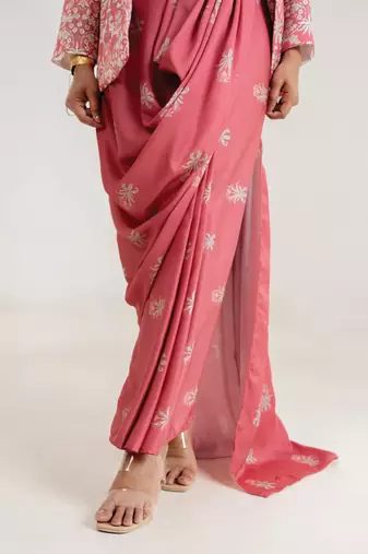 pink swiss satin saree set with printed jacket layer