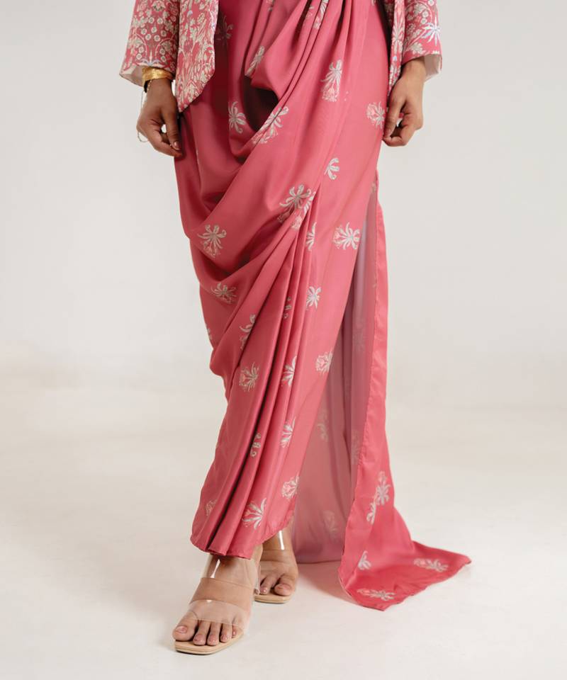 Dusty rose swiss satin saree with jacket