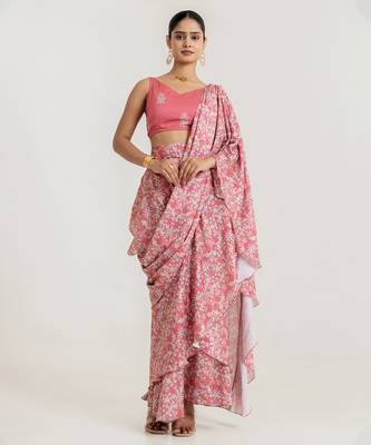 pink satin saree with swiss fabric printed detailing 1