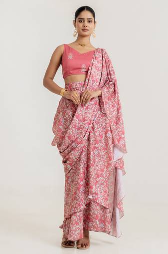 Dusty Rose Tiered Saree Set