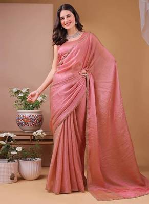 pink chiffon saree with satin blend lace work 1