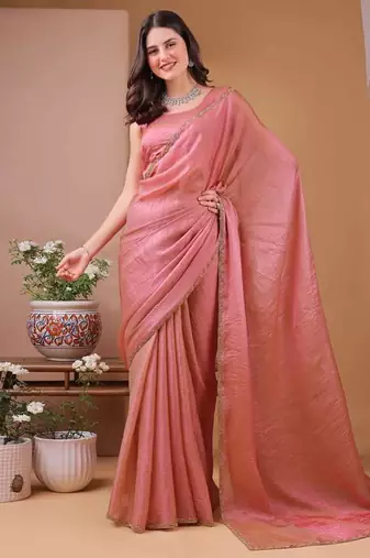 pink chiffon saree with satin blend lace work