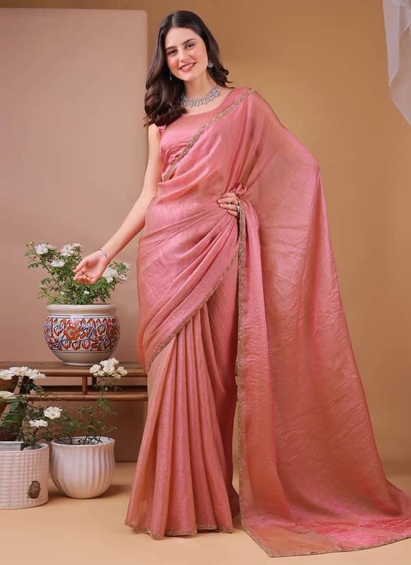 pink chiffon saree with satin blend lace work