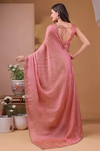 pink chiffon saree with satin blend lace work