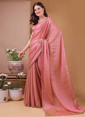 pink chiffon saree with satin blend lace work 3