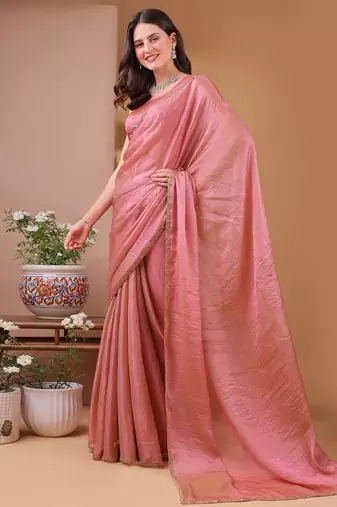 pink chiffon saree with satin blend lace work