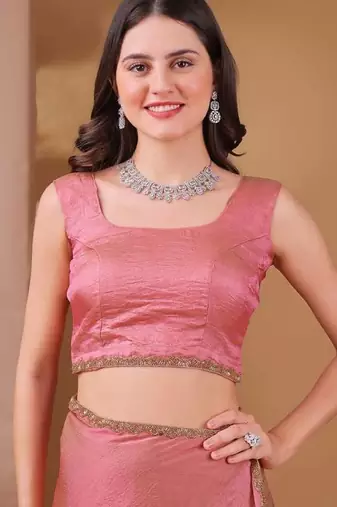 pink chiffon saree with satin blend lace work