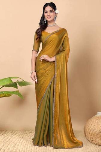 gold satin blend saree with embroidered lace border