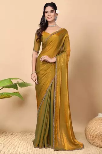 gold satin blend saree with embroidered lace border