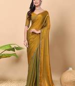 gold satin blend saree with embroidered lace border
