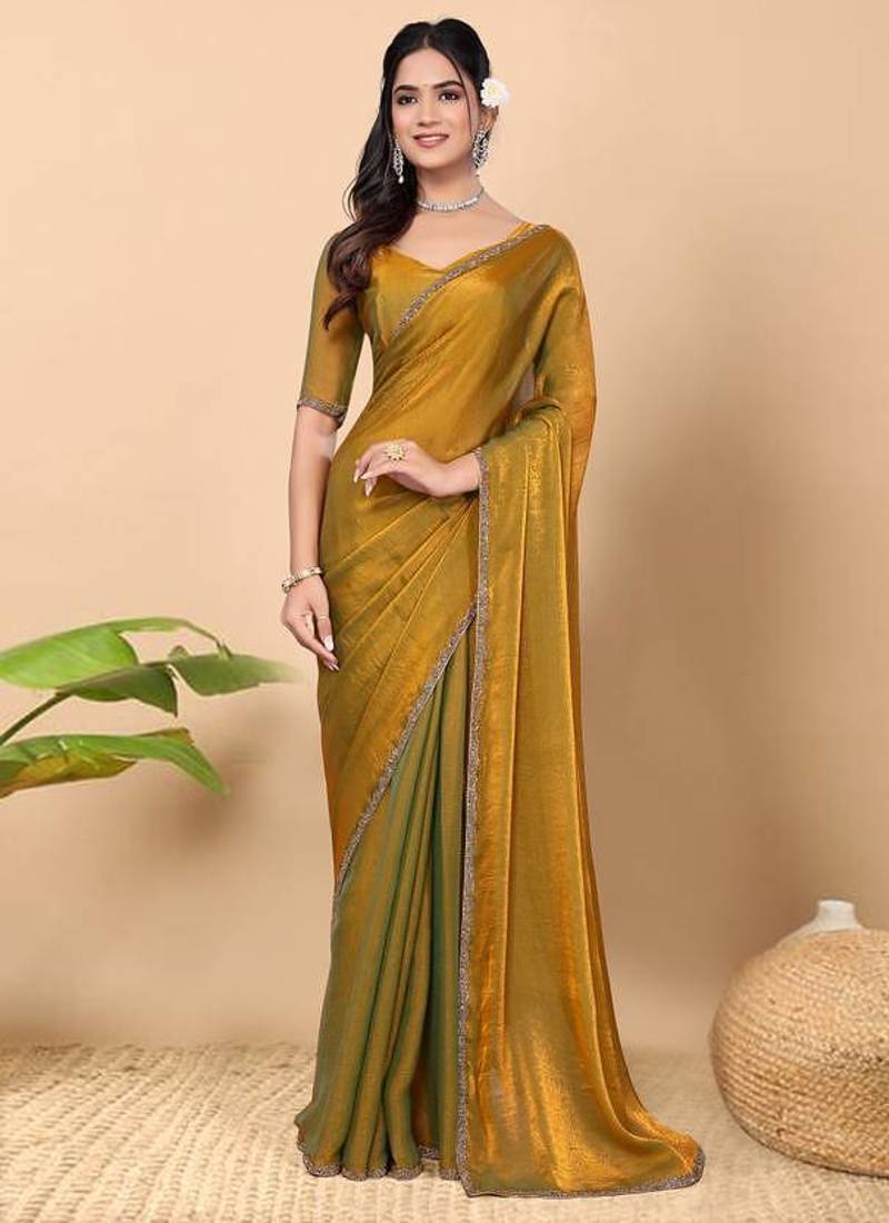 gold satin blend saree with embroidered lace border