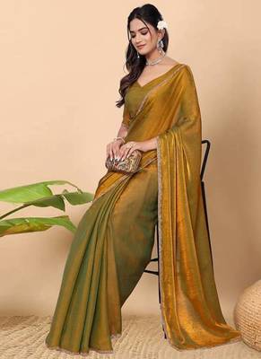 gold satin blend saree with embroidered lace border 2