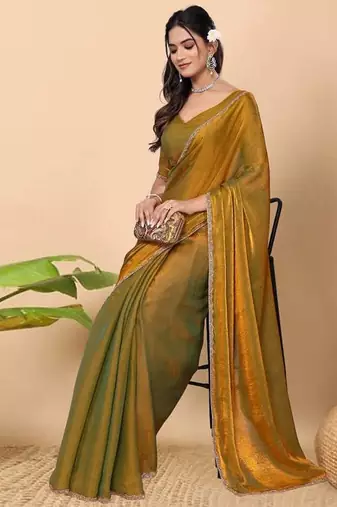 gold satin blend saree with embroidered lace border